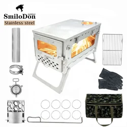 SmiloDon Folding Stainless Steel Firewood Stove Portable Camping Tent Stove with Chimney Wood Burner Furnace Tourism Brazier