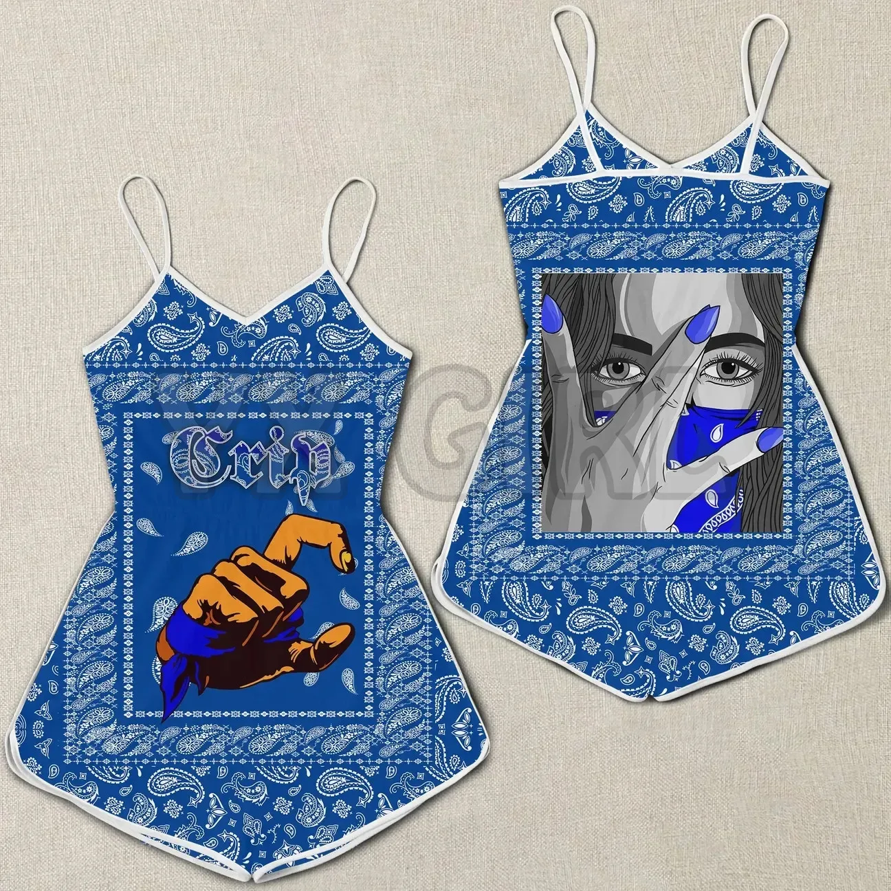 

YX GIRL Crips Girl Women Rompers Blue Bandana 3D All Over Printed Rompers Summer Women's Bohemia Clothes