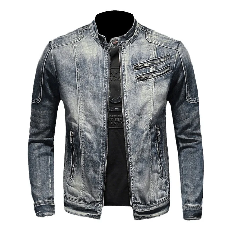 

2024 Men's Casual Retro Stand Collar Zipper Denim Jacket Youth Fashion Cycling Motorcycle Jacket