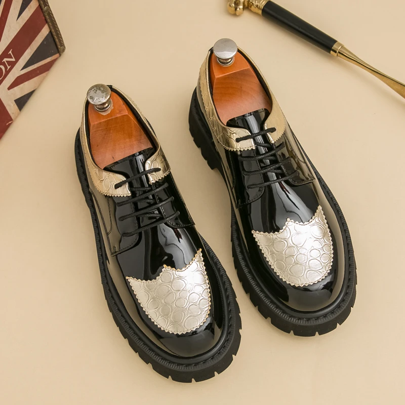 

Men's Leather Shoes for Spring and Autumn, Gold Patent Leather, Glossy, Breathable, British Style, Formal Business Attire, Casua