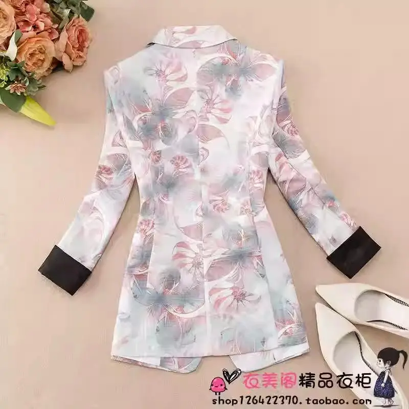 2024 Summer Blazer Thin Chinese Style Printed Button Up Three Quarter Sleeve Suit Jacket For Women's Outerwear Top k1317