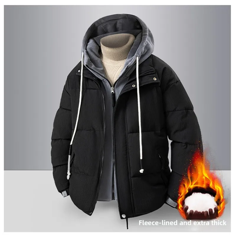 Новые мужские пальто на осень и зиму, теплые куртки с капюшоном на хлопковой подкладке, искусственные двухсекционные куртки на хлопковой подкладке, пара одежды для мужчин