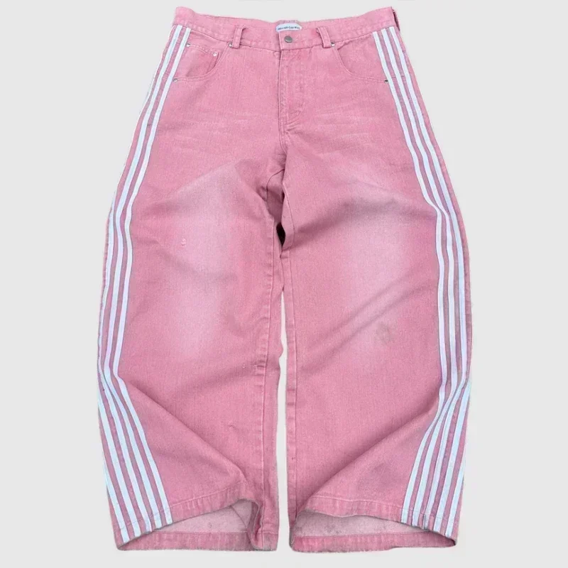 2025 Men's loose jeans vintage striped embroidered high waisted jeans men's women's casual pants Harajuku street loose wide leg