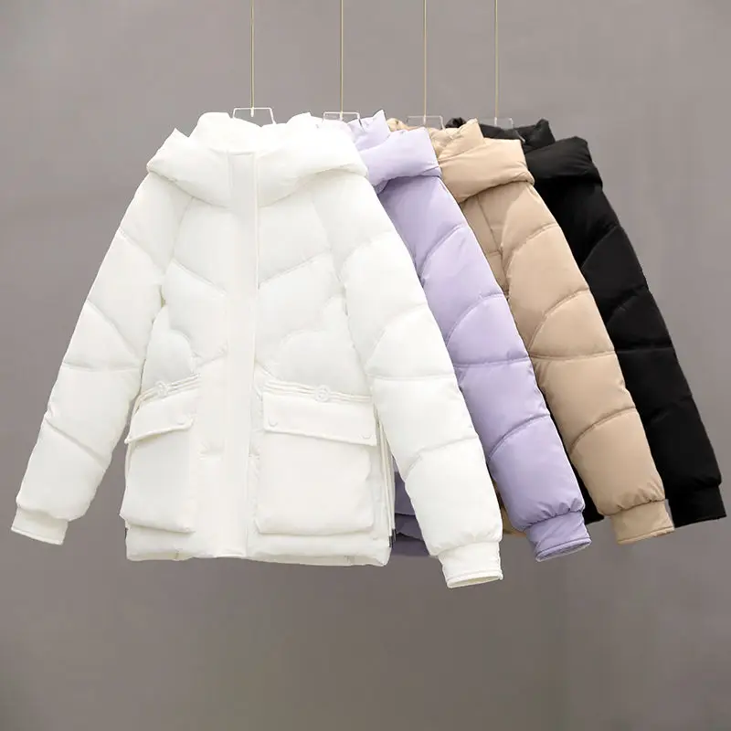 2024 Winter Cotton Padded Jacket Women Drawstring Warm Thick Loose Cotton Parkas Female Winter Hooded Parka Down Jacket Outwear