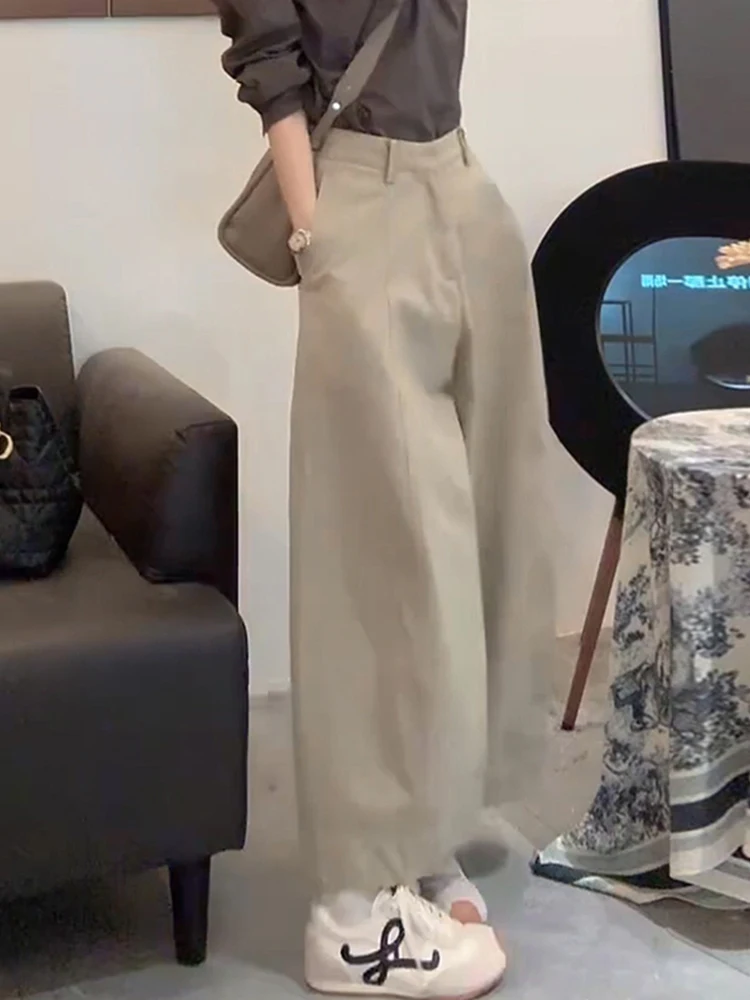 

Khaki Wide Leg Straight Pants Women's Spring Autumn Loose High Waist Casual Trousers plus Size Floral Print Casual Pants