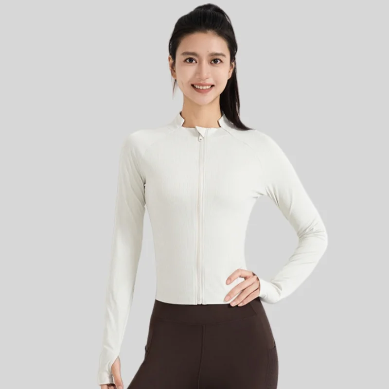 Solid Striped High-low Collar Slim-fitting Sports Coat for Women Outdoor Sports Running Fitness Yoga Long-sleeved Zipper Jackets