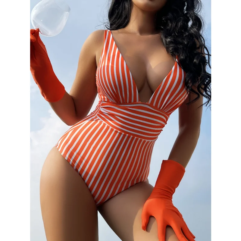 Striped Monokini Sexy One Piece Swimsuit 2023 New Bodysuit Plunge Swimwear Push Up Bathing Suit Female Swim Beachwear Bather