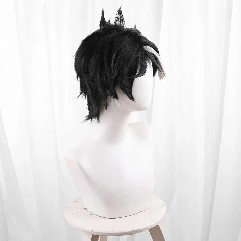 Identity ⅤSeer Eli Clark Cosplay Wig Patch The Dark Wanderer Black Hair White Highlight Heat-resistant Fiber Rose Wig Cap