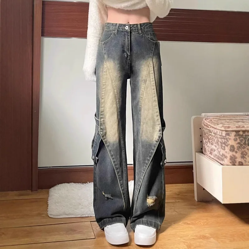 

American High Street Vintage Hiphop High Waist Jeans 2025 Autumn Winter New Loose Design Unique Straight Wide Leg Pants