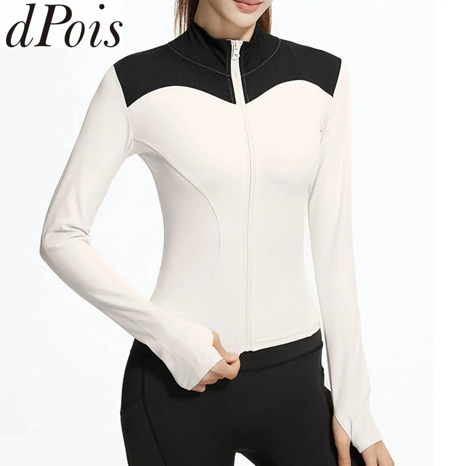 

Women Contrast Color Sports Jacket Shirts for Yoga Workout Gym Fitness Stand Collar Long Sleeves Finger Holes Zipper Sweatshirt