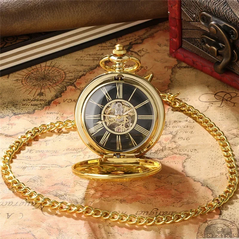 Luxury Golden Hollow Out Heart-Shaped Feather Case Pocket Watch Double Hunter Handwind Mechanical Watches with Pendant Chain