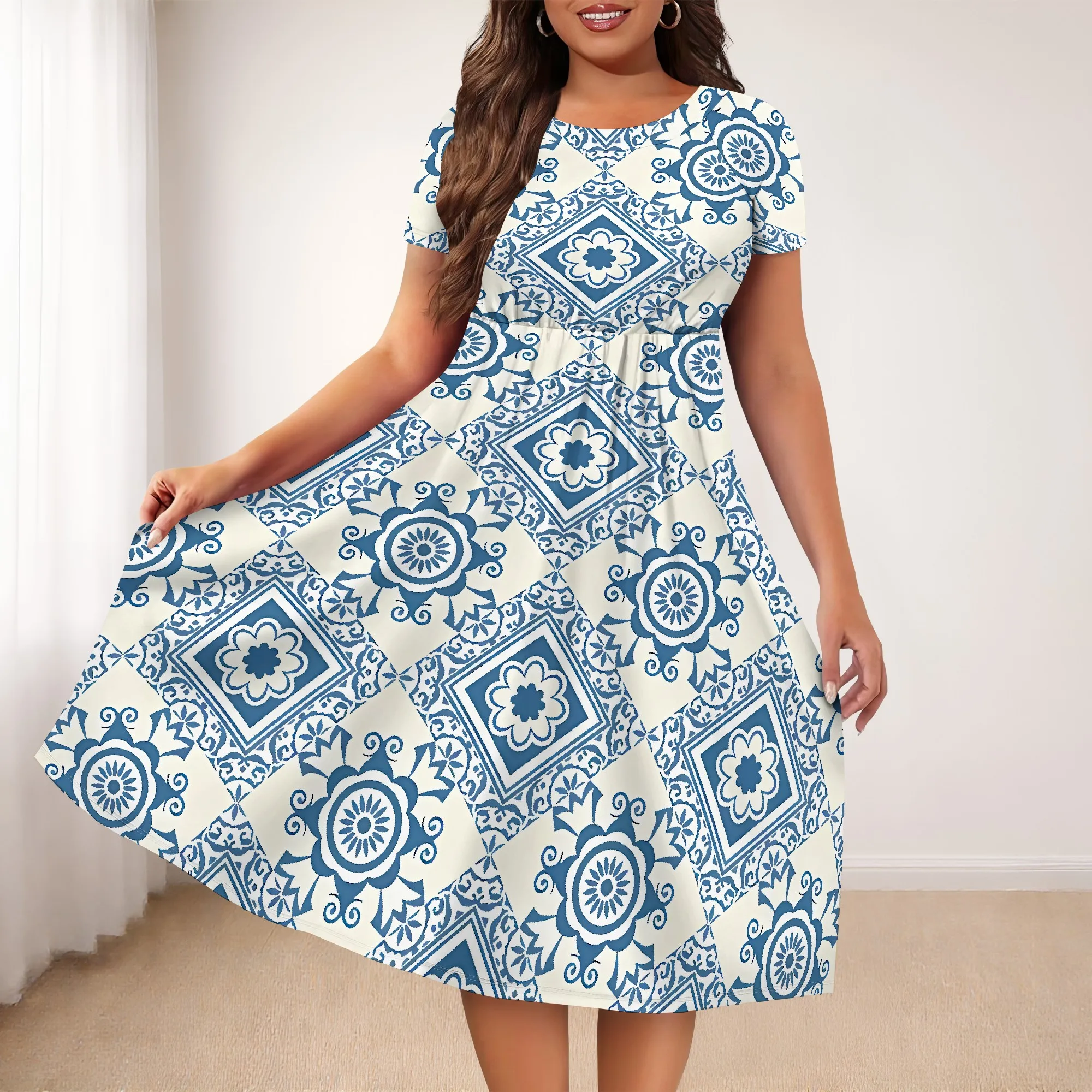 

EQQZD Standard Size Geometric Pattern Print Dress - Short Sleeve & Round Neck, Women's Stylish Casual Loose Midi Dress