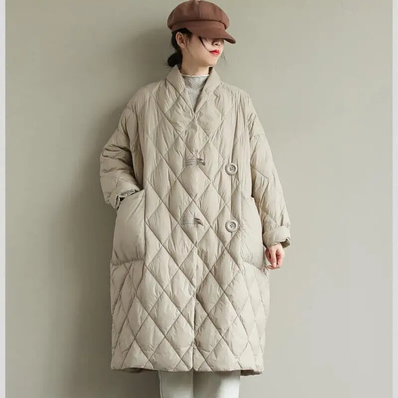 

Autumn and Winter Loose Artistic Stand Up Collar Solid Color Pressed Line Grid Medium Long Thin Warm Down Cotton Jacket Women