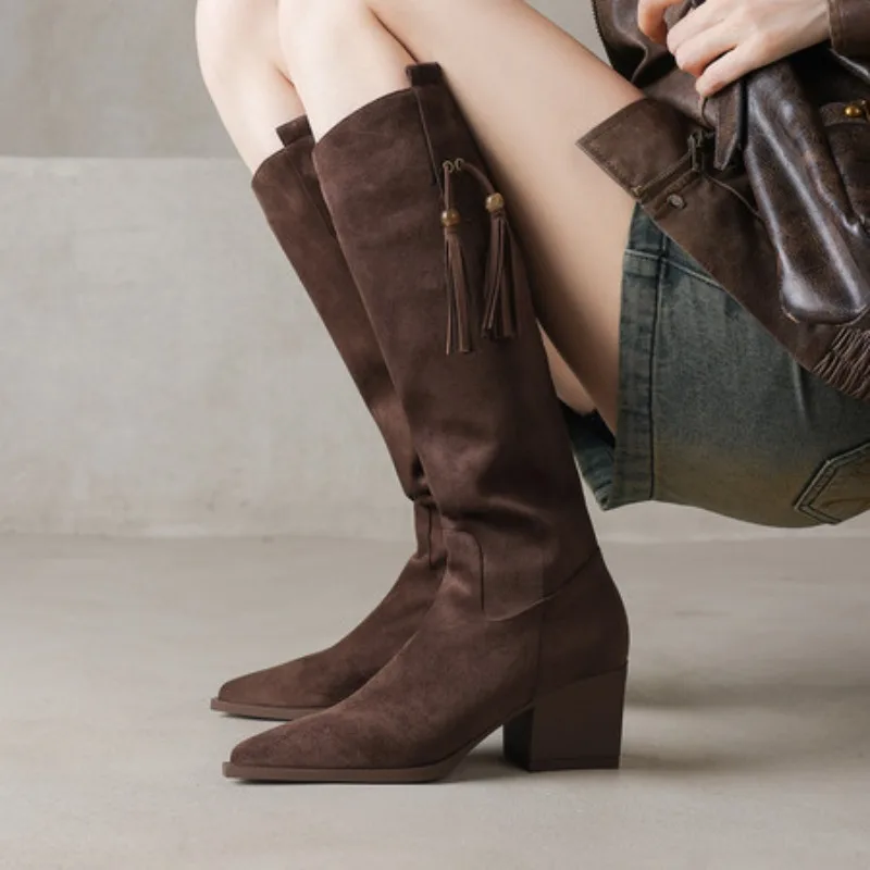 

Retro Chunky Heel Fashion Boots High Tube Sharp Pointed Fold Slimming Autumn Winter New Style Waterproof Rubber Casual round Toe