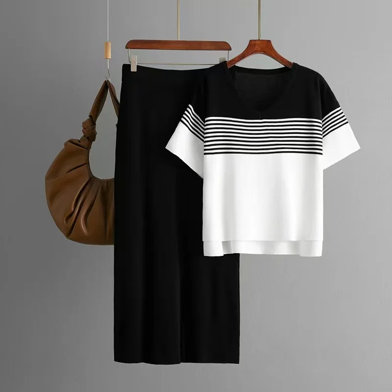 Neues gestricktes Streifen-Top und Rock-Set für Damen, Faion-Sommer-Outfit, V-Ne ort Sve, lange Hosen, zweiteiliges Ensemble