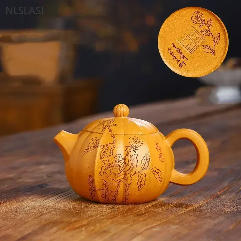 

230ml Hand Engraving Xishi Kettle Chinese Yixing Purple Clay Tea Pot Raw Ore Section Mud Beauty Teapot Authentic Zisha Tea Set