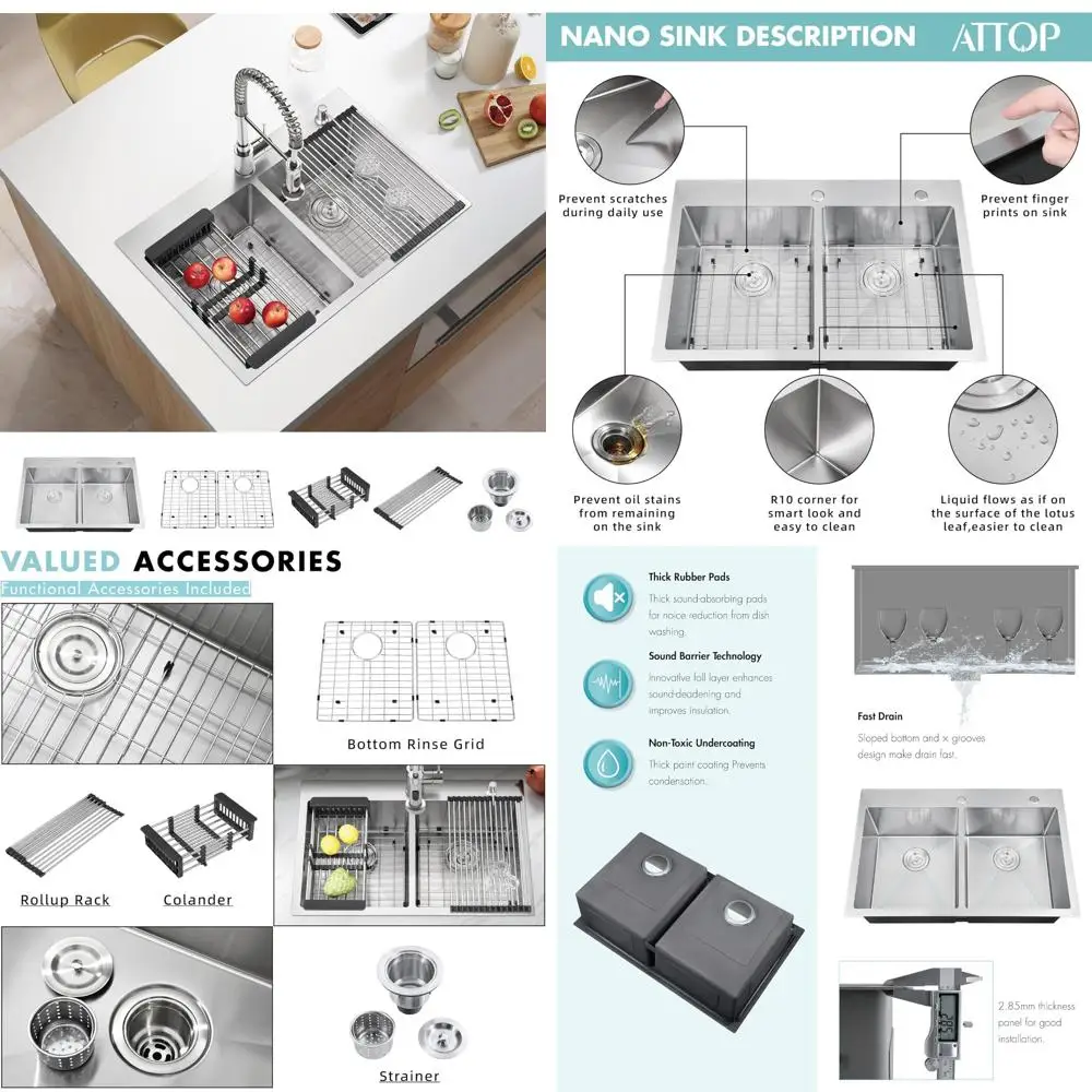 

Large 33 Inch Double Bowls Stainless Steel Kitchen Sink with Nano Coating and Handmade Topmount Design