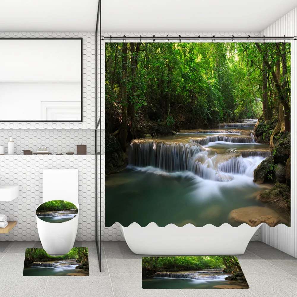 VIKAMA 3PCS Set Of Bathroom Rug Pads - Scenic Toilet Seat Cushions - Water Absorbent And Anti-Slip Home Decor