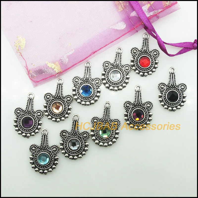 10 New Guitar Flower Charms Antique Silver Plated Retro Mixed Round Crystal Pendants 17x25mm