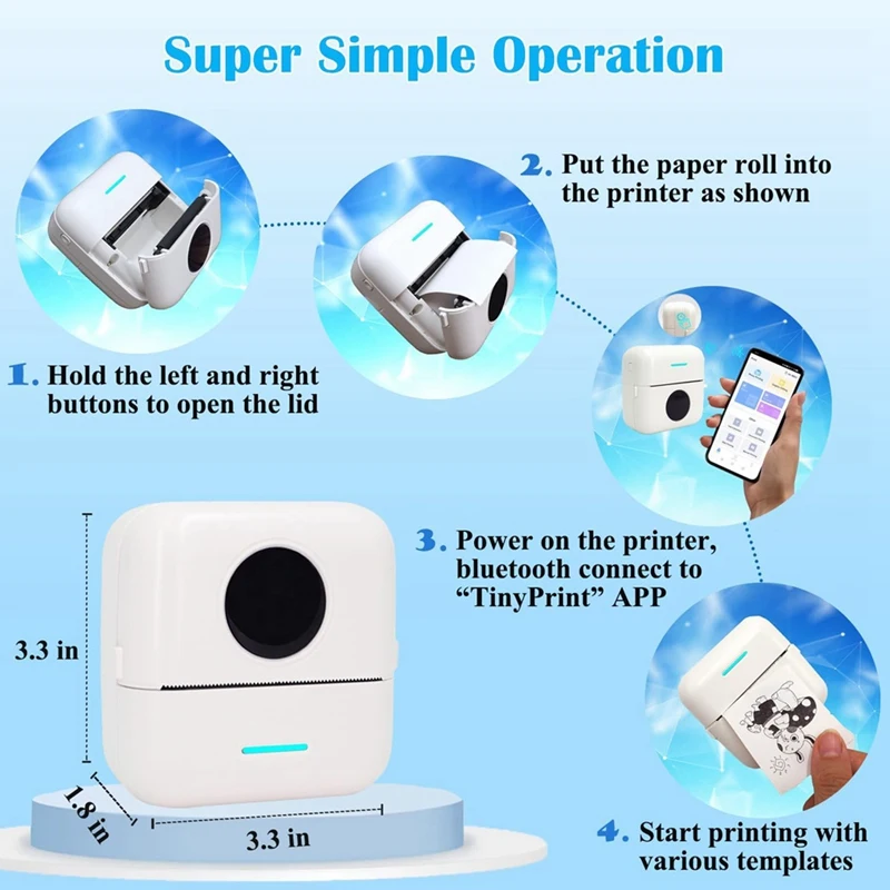 Mini Draagbare Printer, Inktloze Stickerprinter Met 12 Rollen Papier, Mini Thermische Printer Voor Notities/Foto 'S/Stickers