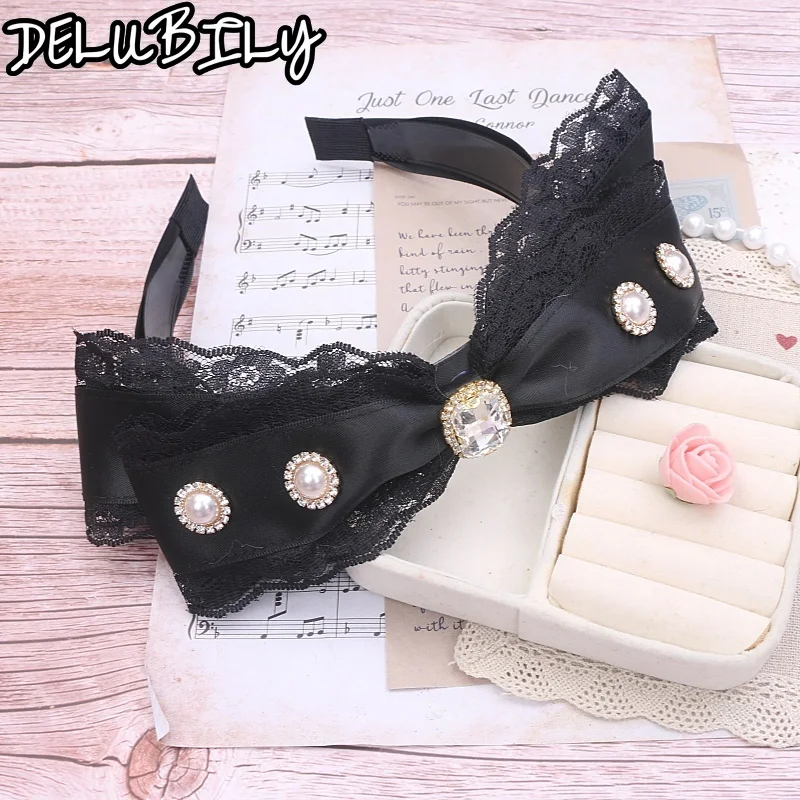 

Handmade Japanese Mine Sweet Cute Girls Lace Rhinestone Hair Accessories Love Pendant Big Bow Headgear Headband for Women