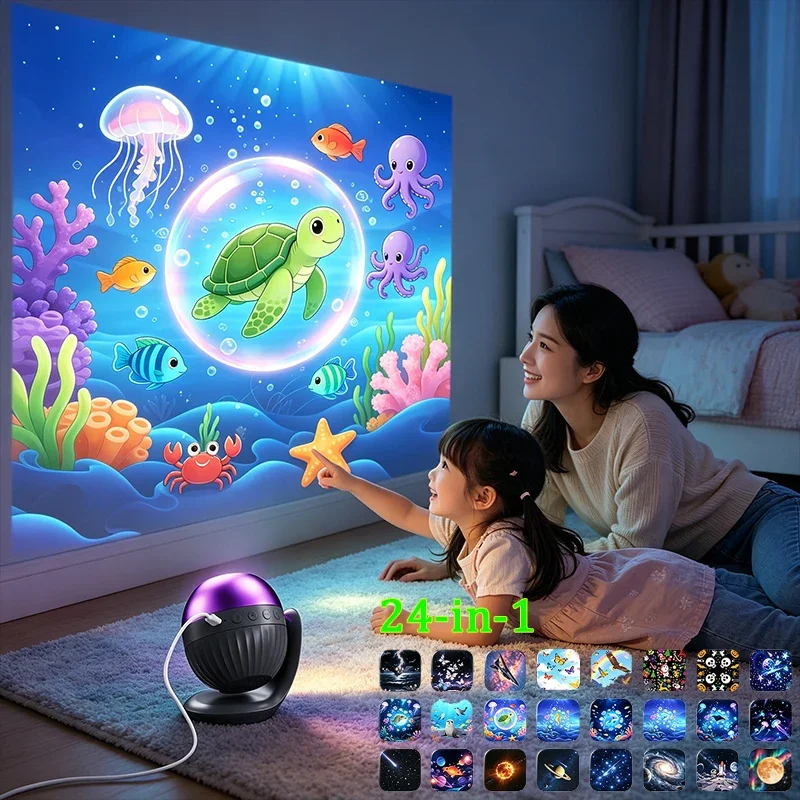 24-in-1 Galaxy Ocean Projector 360° Rotatable Projection Stand Built-in Sleep Sounds Bedside Night Lamp Bedroom Decor Kid Gift