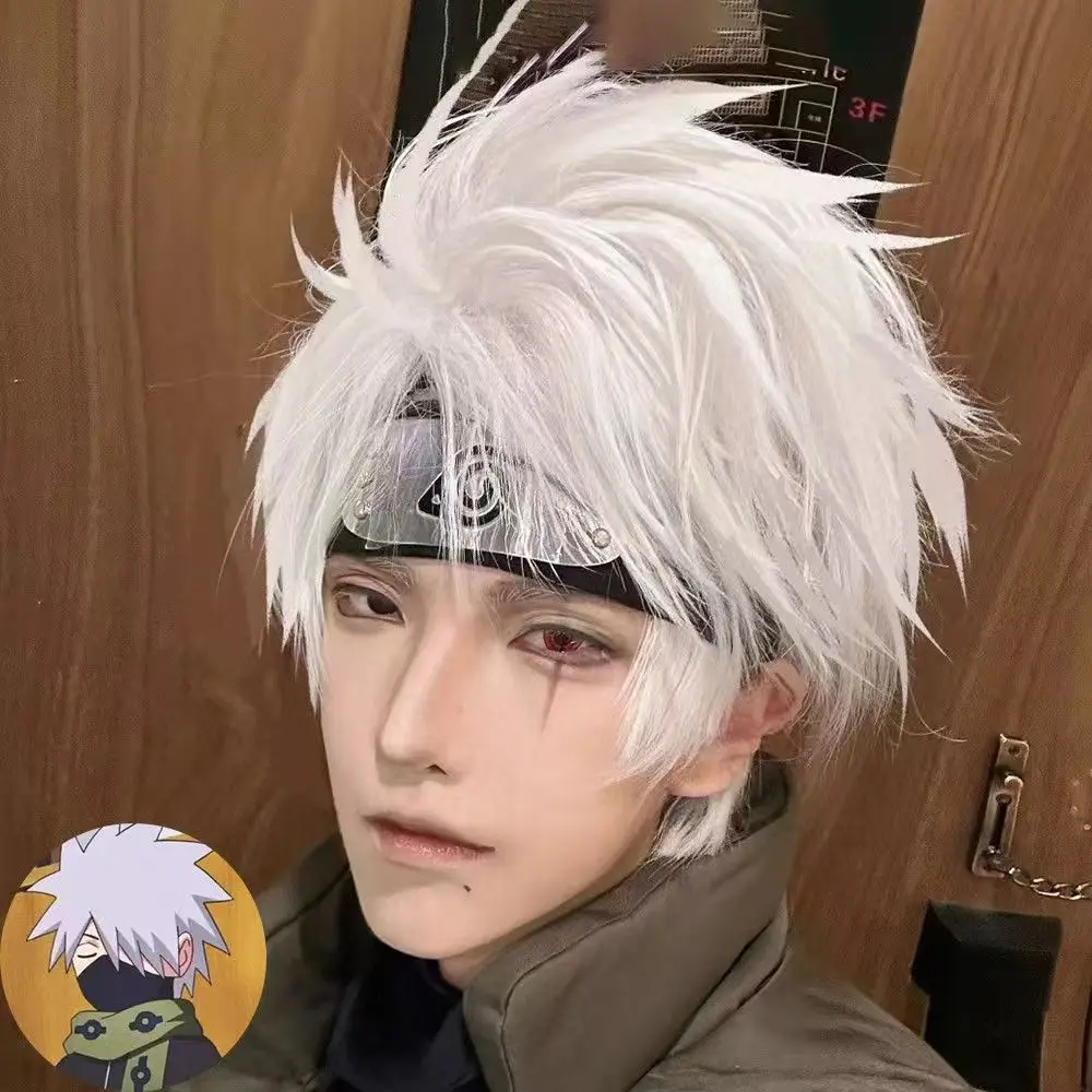 Hatake Kakashi Cosplay Wig White Spiky Short Synthetic Hair For Halloween Anime Costume Party Heat Resistant With Wig Cap