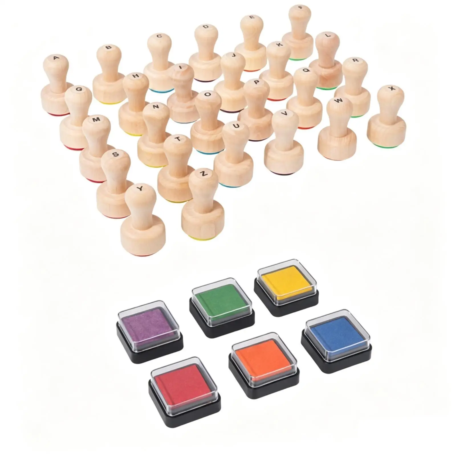 Wooden Alphabet Stamps for Kids Educational Letter Stamp Set Uppercase Learning Tool with Ink Pads for Homeschool Classroom