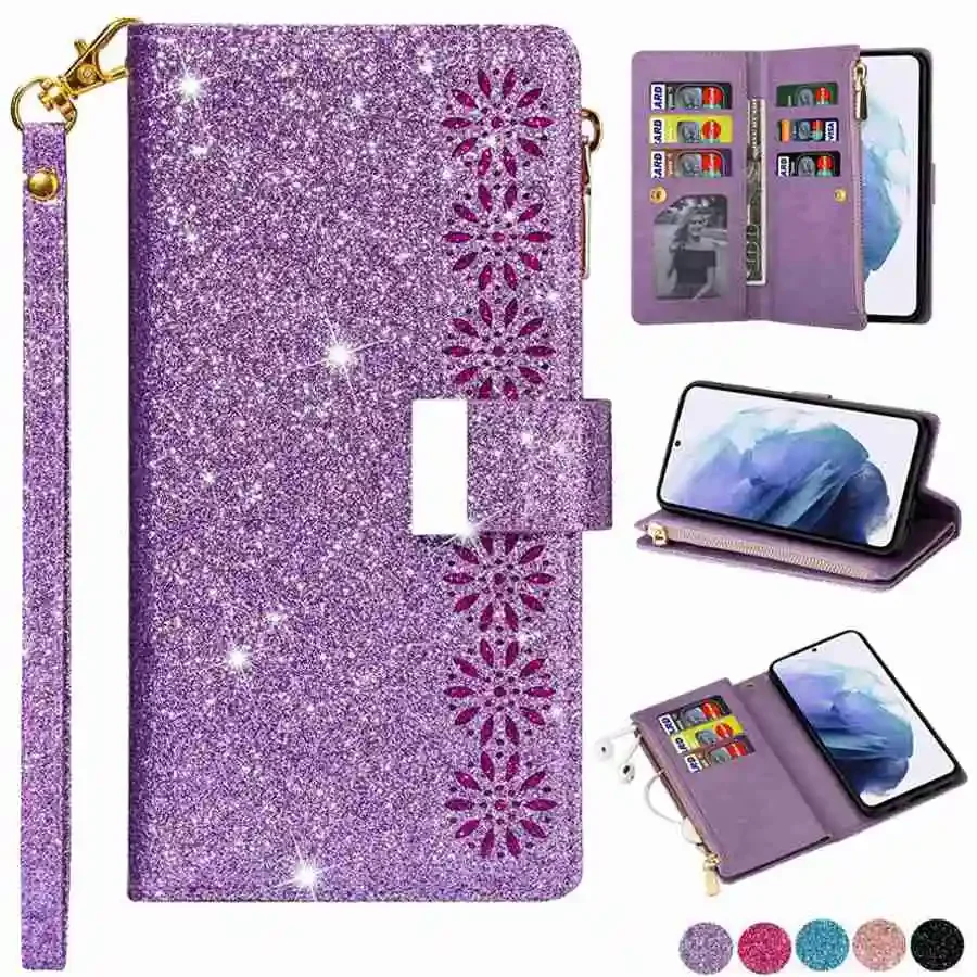 Wallte Laser Glitter Leather Case For Samsung Galaxy S23 Ultra S22 S21 Plus S20 FE S10 A04s A13 A14 A33 A34 A51 A52 A53 A54 A72