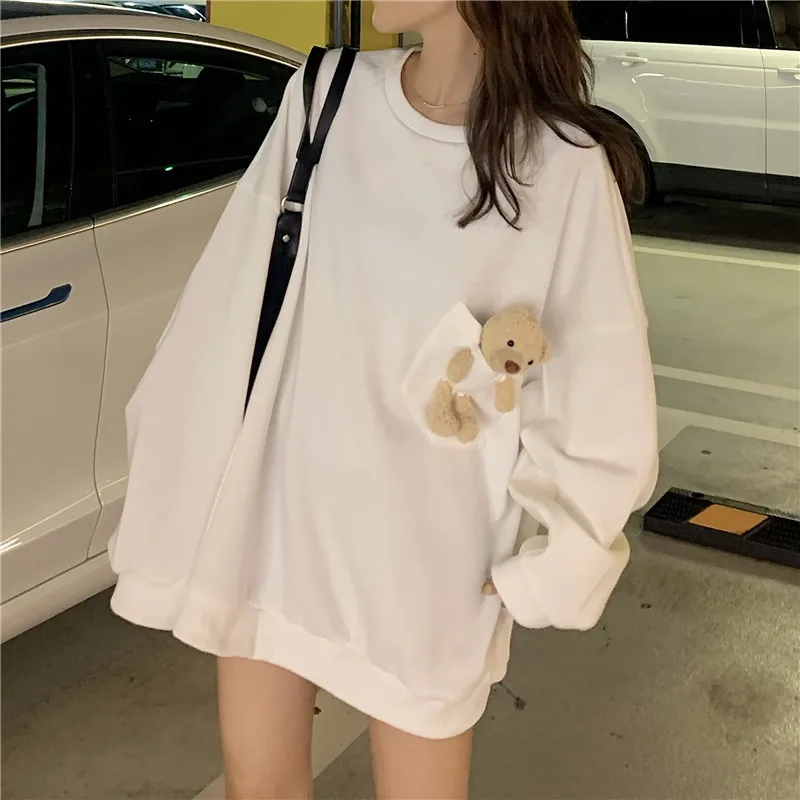 Women Loose Long Sleeve Sweatshirt Pocket Bear Thin Spring 2025 Summer Fashion Student Casual Outerwear Coat Korean Style Top