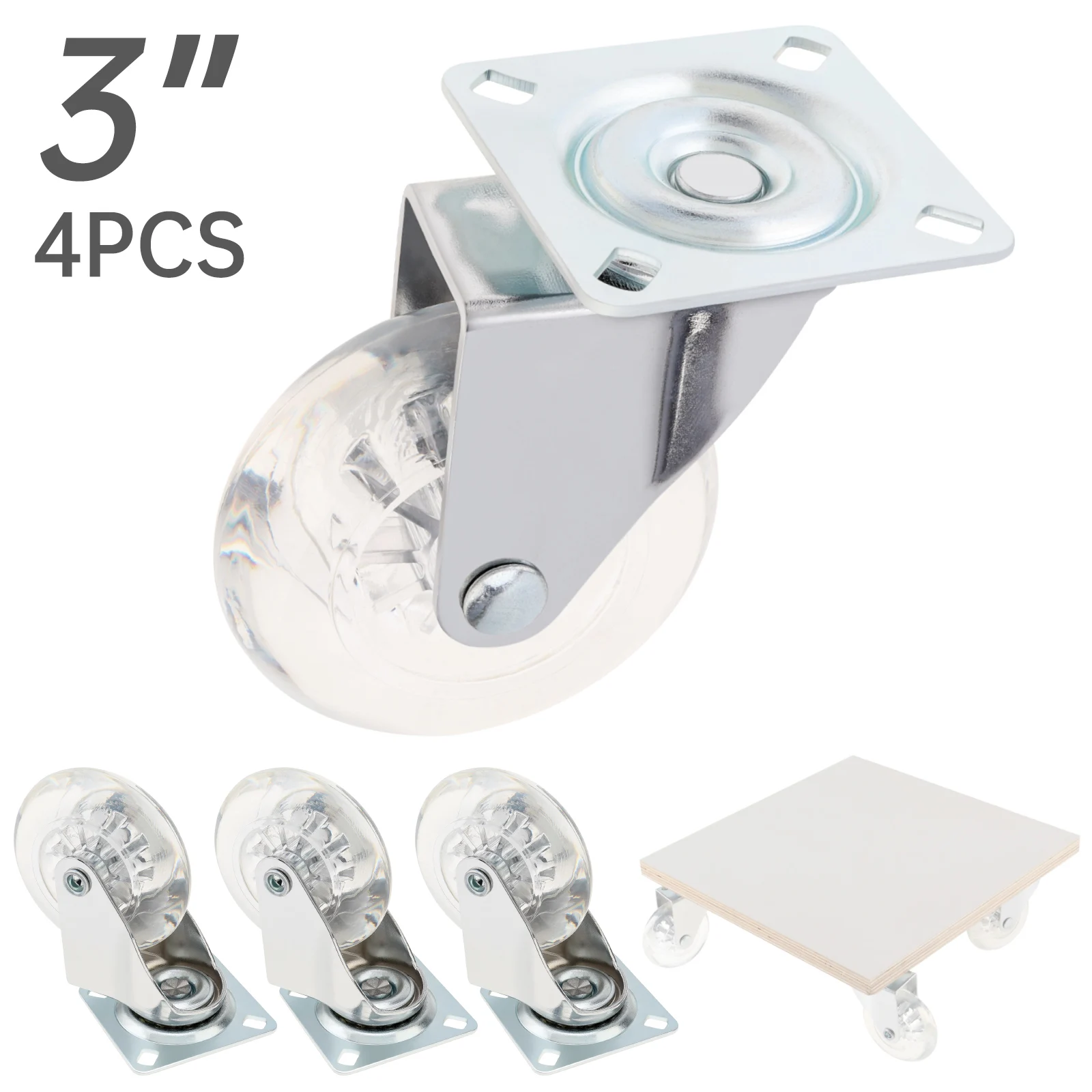 4pcs 3 Inch PU Universal Wheels for Carts / Dressers, Crystal Transparent Caster Wheels