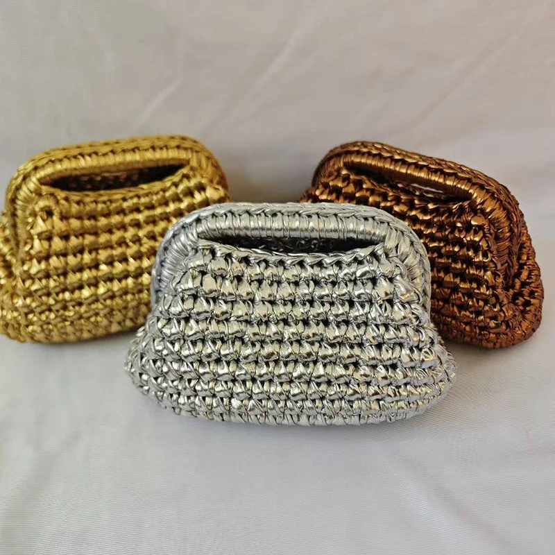 

Metallic Crochet Clutch Bag Chain Shoulder Bag Crossbody Bag Women's Mini Fashion High-quality Handbag New Hand-woven Design