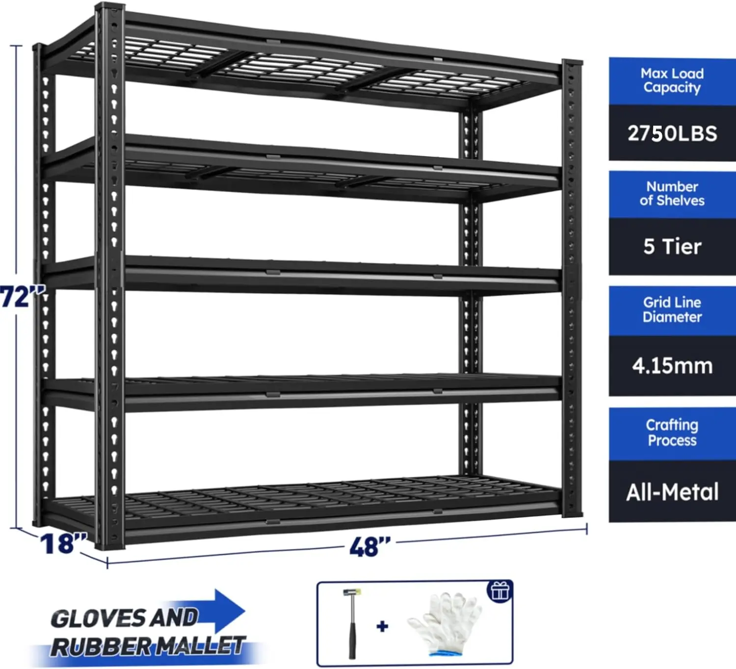 Prateleiras de garagem resistentes de 48 "W, prateleiras de armazenamento de 5 camadas, carga de 2750LBS de prateleiras de armazenamento de garagem de metal ajustáveis