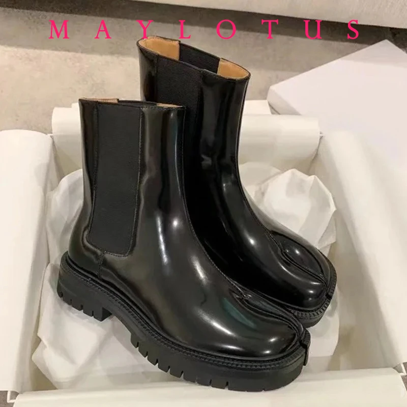 2025 ريترو سبليت تو حذاء من الجلد براءات أحذية من الجلد تابي نينجا تشيلسي بوتاس موهير كعوب منخفضة Trotters الجوارب الشتاء #2