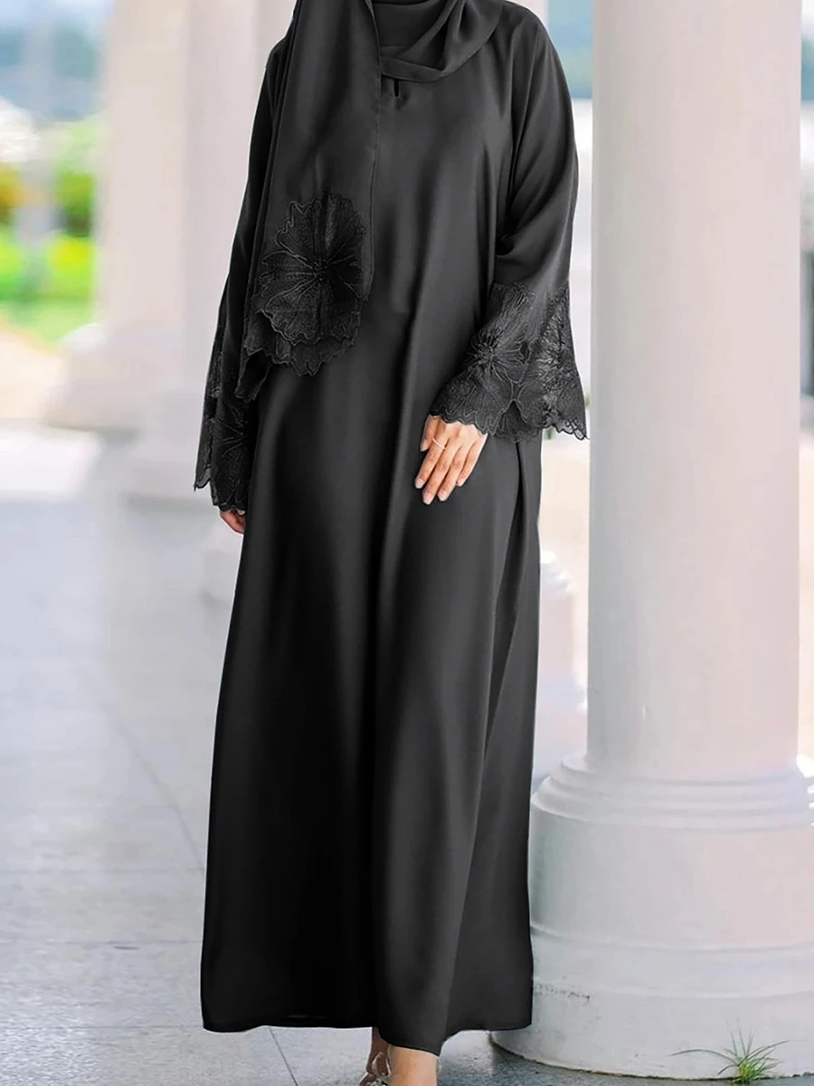 Muslim Ramadan Eid Malay Women Hijab Clothing Modest Lace Floral Long Dresses with Headscarf Saudi Moroccan Kaftan Robe