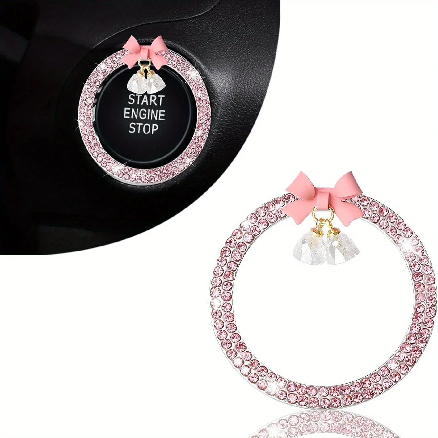 Cute Bow Bling Car Engine Stop Decoration Ring, 1 PC Crystal Rhinestone Car Button Start Button Cover, Shiny Key Ignition and