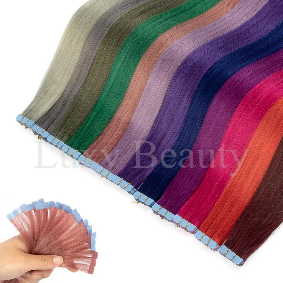 Extensiones de cabello humano en cintas mini de colores rosa, invisibles y sin costuras, 10 piezas en rojo, verde, morado y azul 2