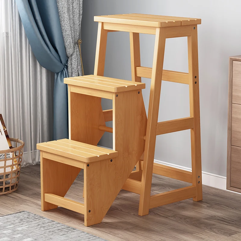 Two-step step ladder stool folding household indoor multi-function two or three-step climbing ladder solid wood dual-purpose