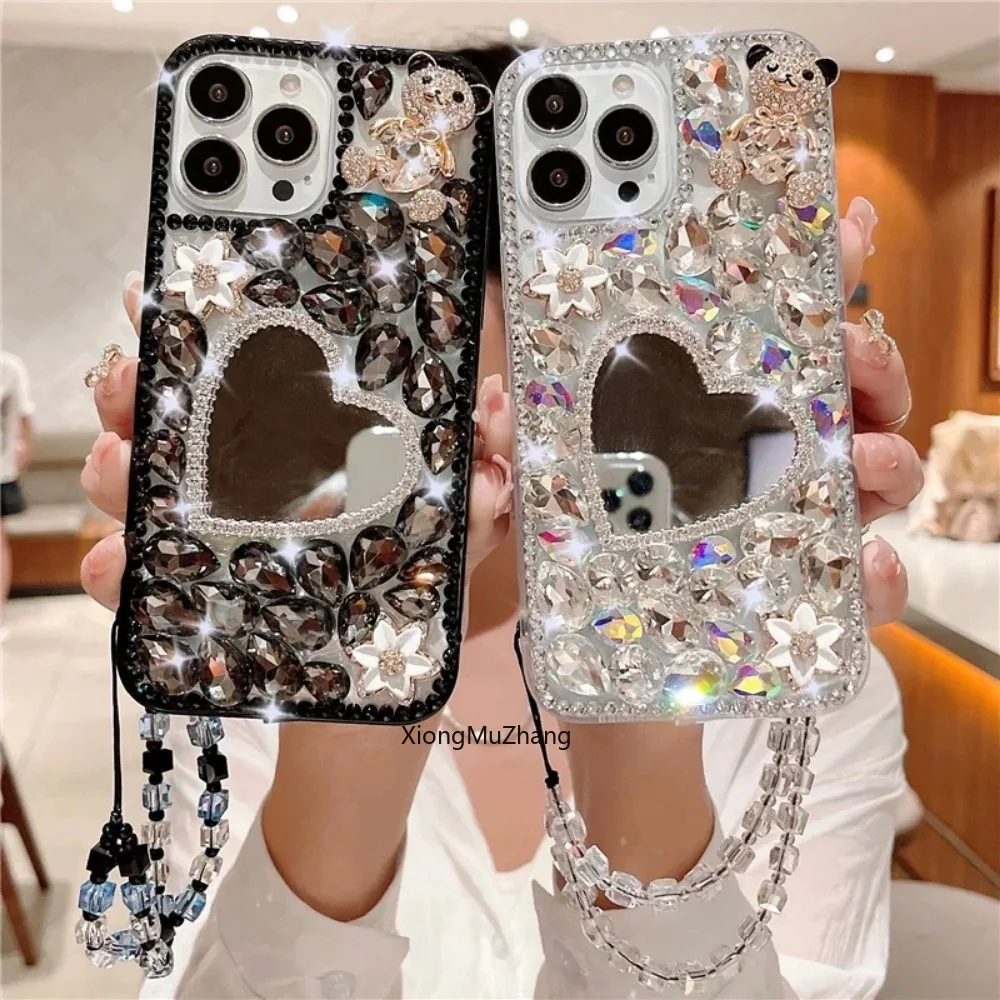 3D Bear Diamond Mirror Hand Strap Custom Case for Samsung S9 Plus S8 Plus S7 Edge for Galaxy Note 20 Ultra 10 Pro 10 Lite 9 8