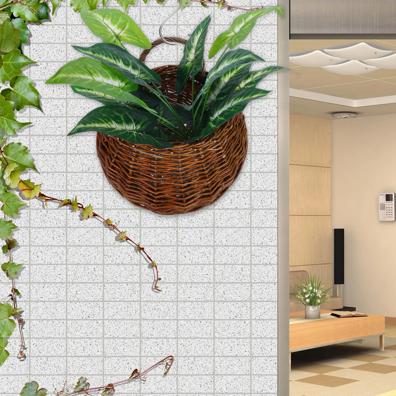 

Multifunctional Hanging Storage Basket Woven Rattan Wall Decorative Flowerpot Large Capacity Organizer For Home Office Kitchen