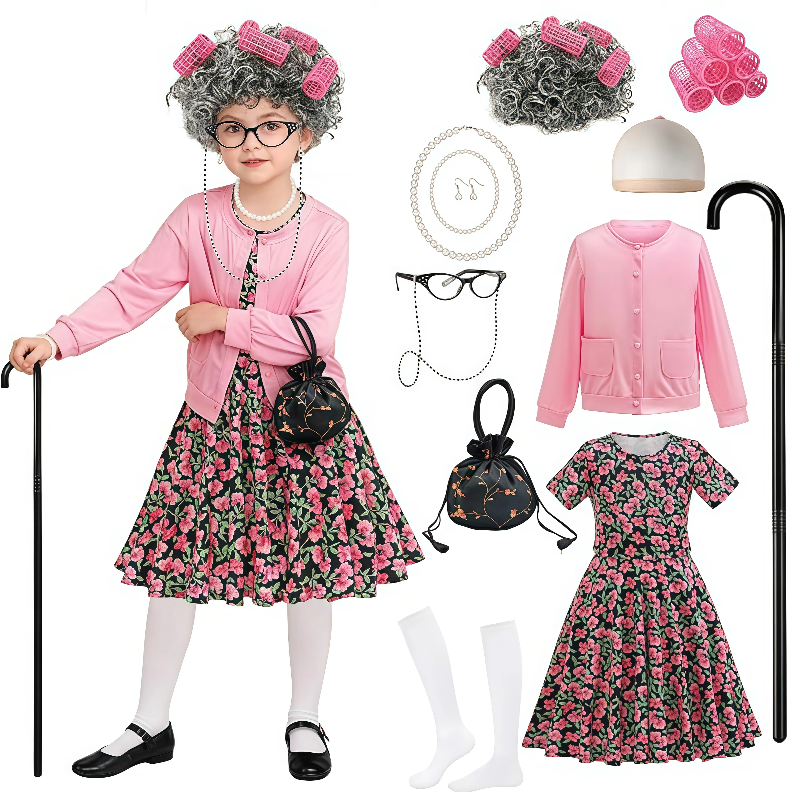 Children Granny Old Lady Costume Kids Girls 100 Day Of School Dress Up Grandma Grey Wig Granny Glasses Carnival Cosplay Costume
