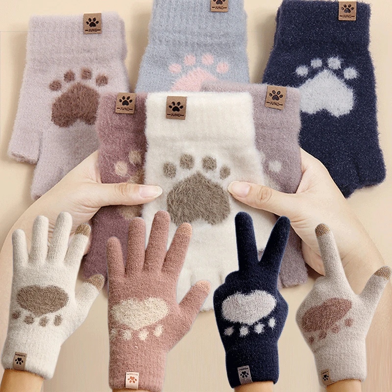 

Fashion Cat Paw Printing Gloves Mobile Phone Touchscreen Knitted Gloves Winter Thick & Warm Adult Soft Fluffy Gloves Men's Women