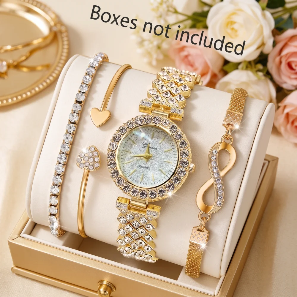 4Pcs/Set Unisex Jewelry Watches Women's Wristwatch Accessories Gold Trendy Fashion Elegant Classic Exquisite Light Luxury Rhinestone Luxury Quartz Watch Set Y2K Suitable for Daily Outfits Perfect Holiday Gift