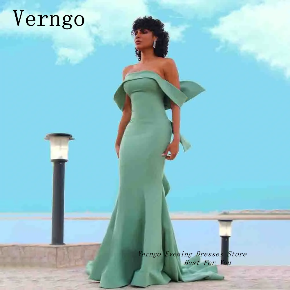 

Verngo Green Crepe Prom Gowns Off The Shoulder Mermaid Party Dress For Women Simple Arabic Women Formal Party Dress