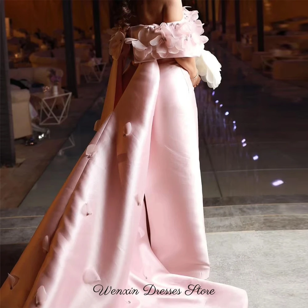 Fashion 3D Flowers Evening Dresses Elegant Off the Shoulder Pink Satin Customized Celebrity Gowns Special Occasion Gowns