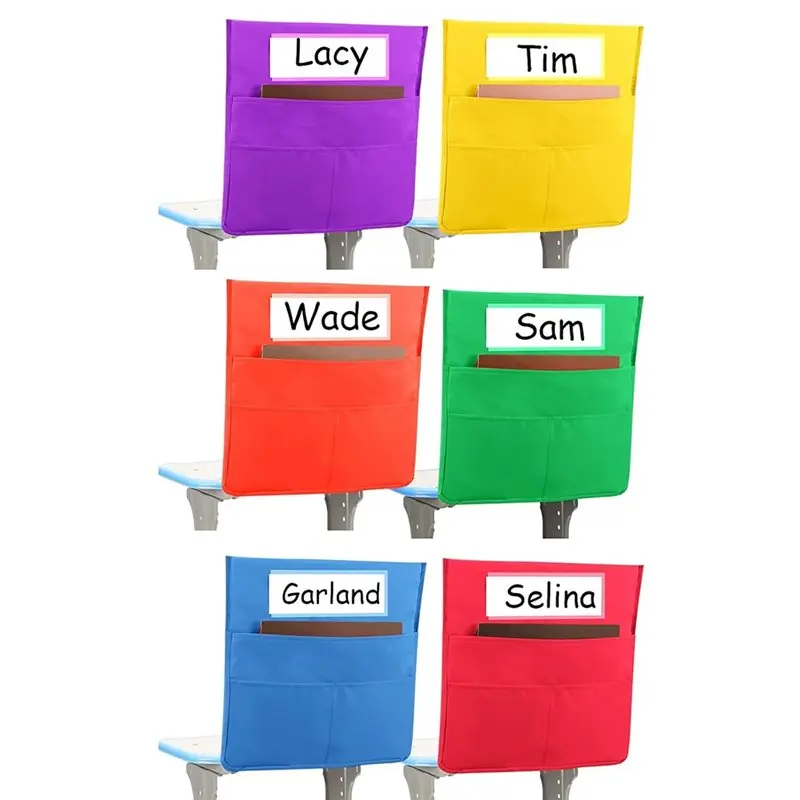 

A01F-For School Supplies Organizer 6 Pcs Chairback Pockets For Classroom, 2 Large Pockets Seat Storage With Name Tags