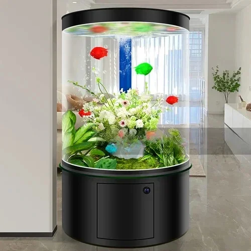 Cylindrical Glass Fish Tank Living Room Floor Fish Globe Bottom Filter Aquarium Full round Large