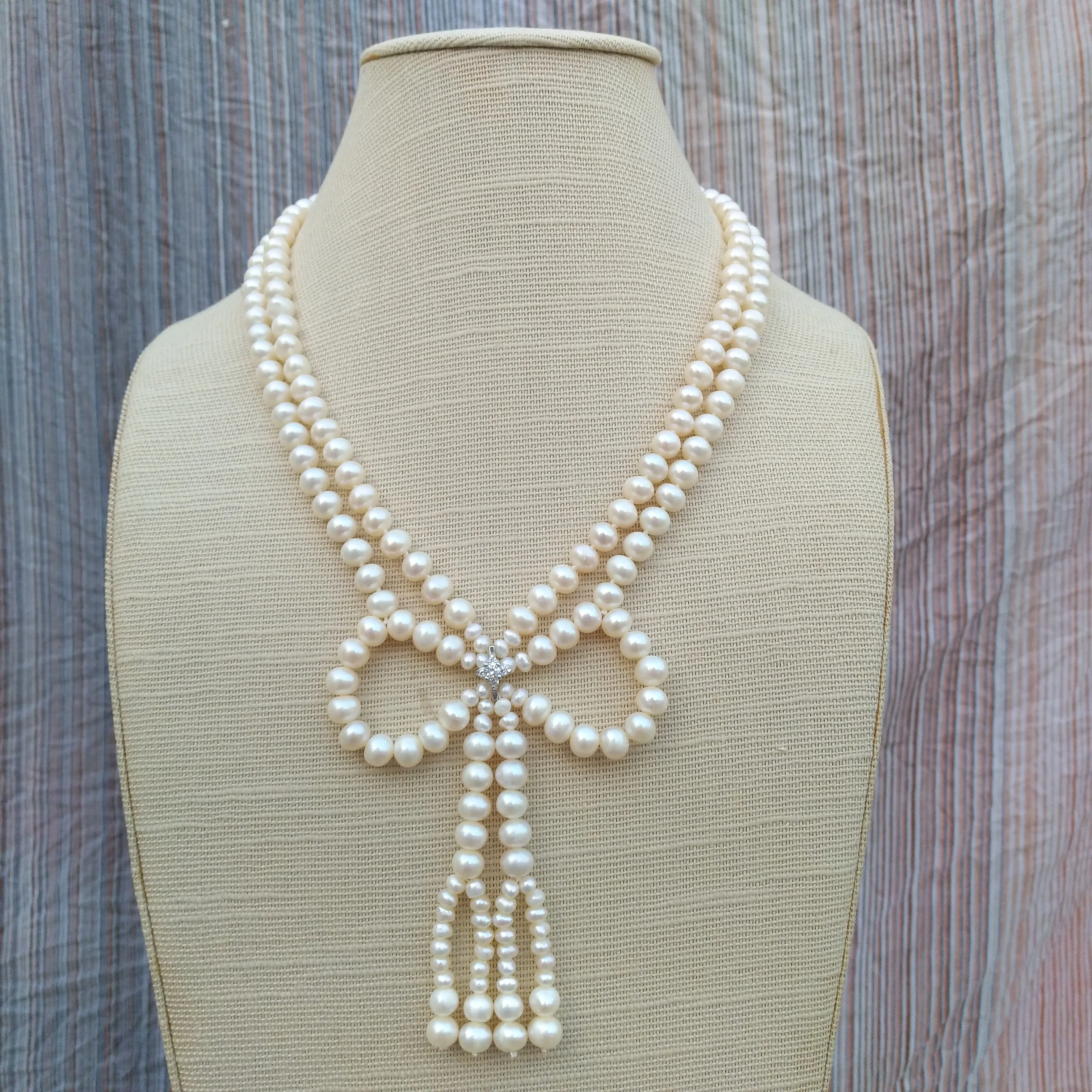 Double Strands Natural AAA + Akoya White Pearl Necklace 40cm Handmade Intertwined