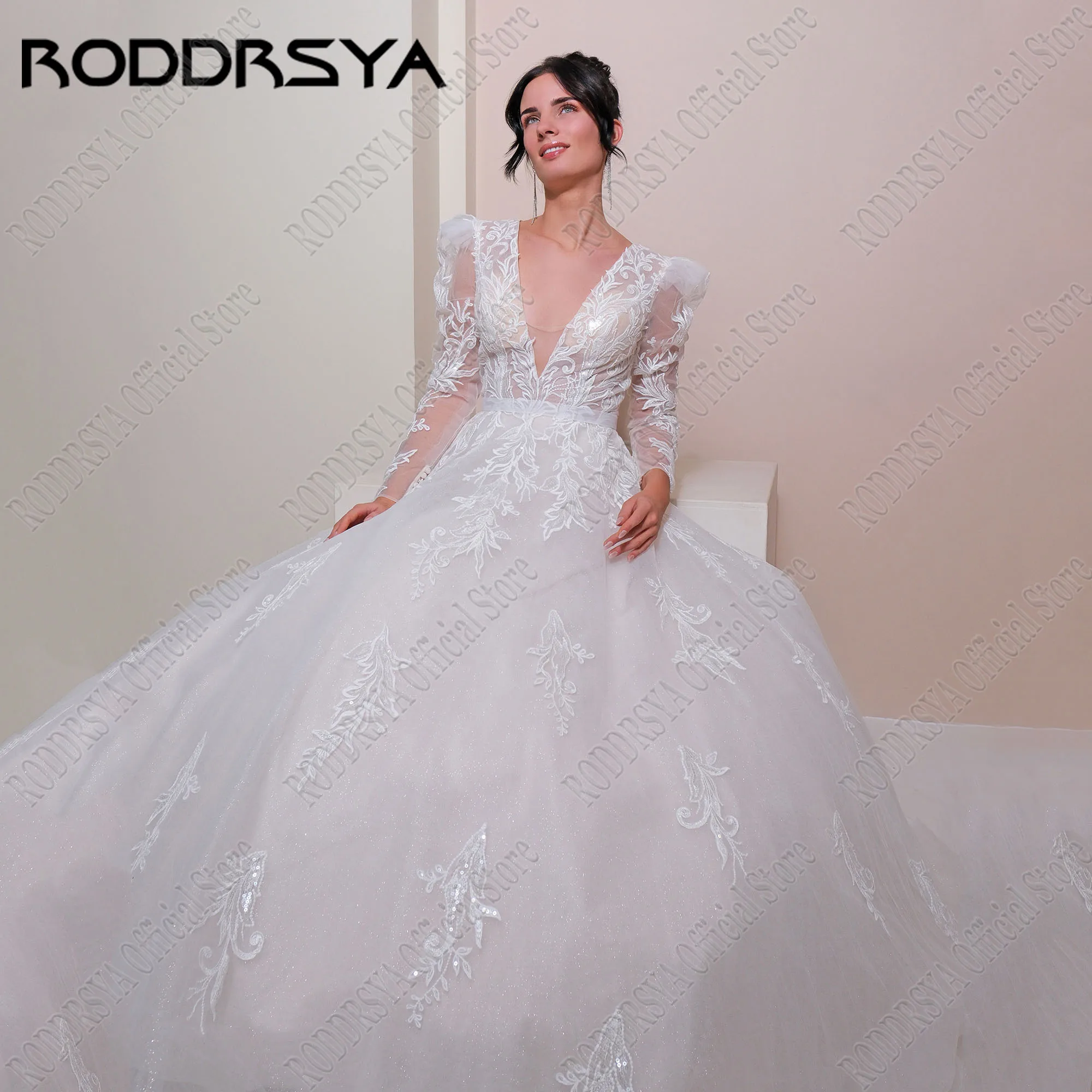 

RODDRSYA Glitter Tulle Wedding Dress Long Sleeves V-Neck Applique A-Line Sparkly Elegant Bride Gowns Hochzeitskleid Custom