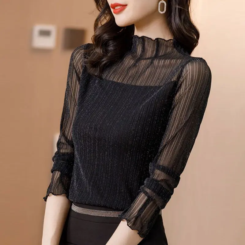 Women Autumn Winter Fleece Fashion Slim Net Yarn Bright Silk Lace Bottoming Shirt Ladies Simplicity All-match Lace Pullover Tops